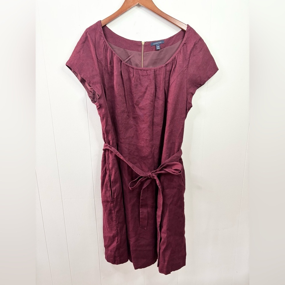Lands end maroon burgundy short sleeve linen dress midi size 20W